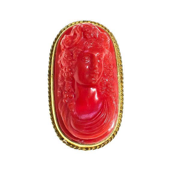 Vintage Coral Lucite Cameo Relief Brooch