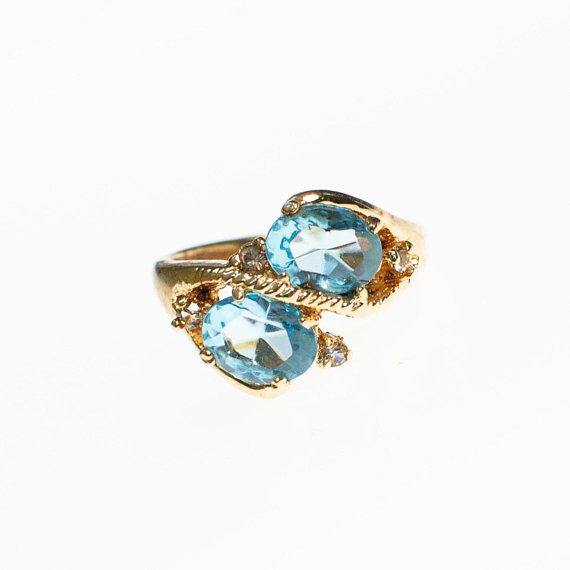 Vintage Double Blue Topaz Crystal By Pass Style Ring by 1990s - Vintage Meet Modern Vintage Jewelry - Chicago, Illinois - #oldhollywoodglamour #vintagemeetmodern #designervintage #jewelrybox #antiquejewelry #vintagejewelry