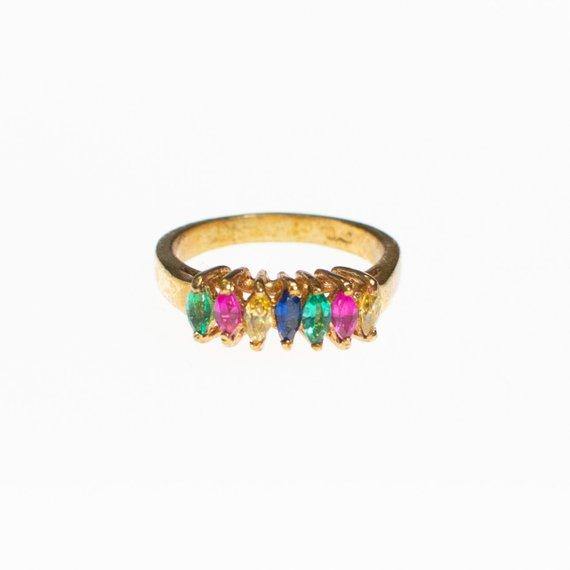 Vintage Rainbow Crystal Marquise CZ Band Ring Green Pink Yellow Blue