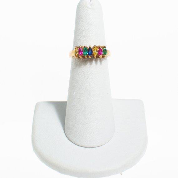 Vintage Rainbow Crystal Marquise CZ Band Ring Green Pink Yellow Blue by 1990s - Vintage Meet Modern Vintage Jewelry - Chicago, Illinois - #oldhollywoodglamour #vintagemeetmodern #designervintage #jewelrybox #antiquejewelry #vintagejewelry