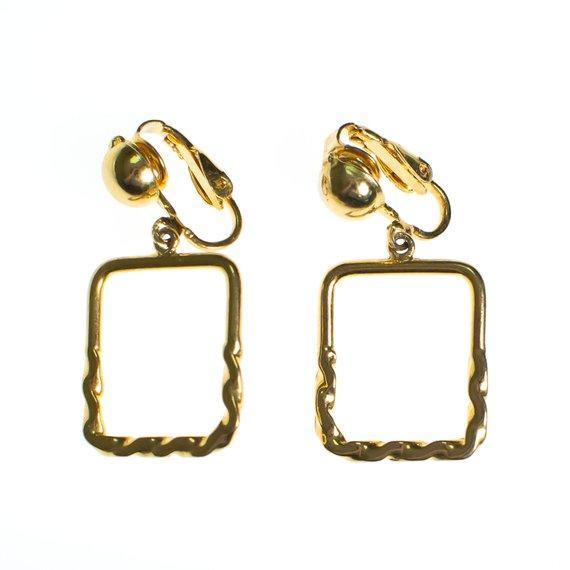 Authentic Vintage Gold Square Geometric Dangling Hoop Earrings Minimalist by 1970s - Vintage Meet Modern Vintage Jewelry - Chicago, Illinois - #oldhollywoodglamour #vintagemeetmodern #designervintage #jewelrybox #antiquejewelry #vintagejewelry