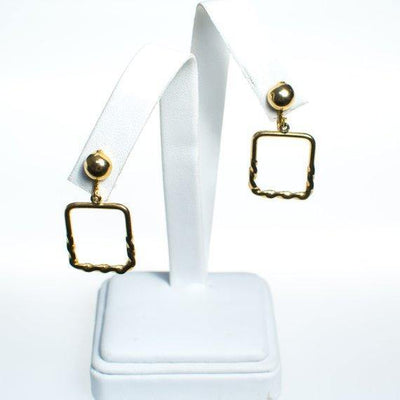 Authentic Vintage Gold Square Geometric Dangling Hoop Earrings Minimalist by 1970s - Vintage Meet Modern Vintage Jewelry - Chicago, Illinois - #oldhollywoodglamour #vintagemeetmodern #designervintage #jewelrybox #antiquejewelry #vintagejewelry