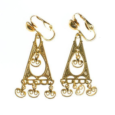 Vintage Bohemian Chic Gold Geometric Filigree Dangling Charm Earrings New Old Stock Clip On by 1970s - Vintage Meet Modern Vintage Jewelry - Chicago, Illinois - #oldhollywoodglamour #vintagemeetmodern #designervintage #jewelrybox #antiquejewelry #vintagejewelry