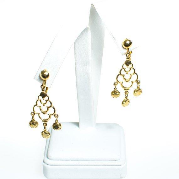 Vintage Gold Tone Statement Earrings with Dangling Charms by 1970s - Vintage Meet Modern Vintage Jewelry - Chicago, Illinois - #oldhollywoodglamour #vintagemeetmodern #designervintage #jewelrybox #antiquejewelry #vintagejewelry