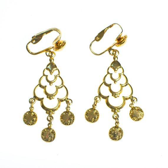 Vintage Gold Tone Statement Earrings with Dangling Charms by 1970s - Vintage Meet Modern Vintage Jewelry - Chicago, Illinois - #oldhollywoodglamour #vintagemeetmodern #designervintage #jewelrybox #antiquejewelry #vintagejewelry