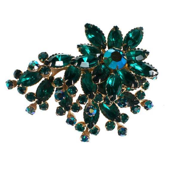 Huge Vintage Emerald Green Rhinestone Spray Style Brooch