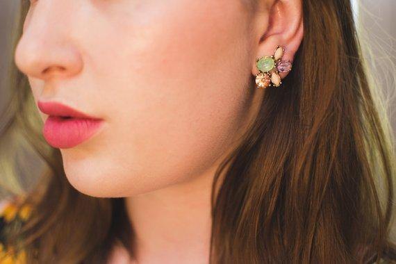Vintage Mint, Peach, Pink, and Light Purple Rhinestone Cluster Statement Clip On Earrings by Vintage Meet Modern - Vintage Meet Modern Vintage Jewelry - Chicago, Illinois - #oldhollywoodglamour #vintagemeetmodern #designervintage #jewelrybox #antiquejewelry #vintagejewelry
