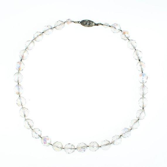 Vintage 1950 Era Round Faceted Aurora Borealis Crystal Single Strand Beaded Necklace by Vintage Meet Modern - Vintage Meet Modern Vintage Jewelry - Chicago, Illinois - #oldhollywoodglamour #vintagemeetmodern #designervintage #jewelrybox #antiquejewelry #vintagejewelry
