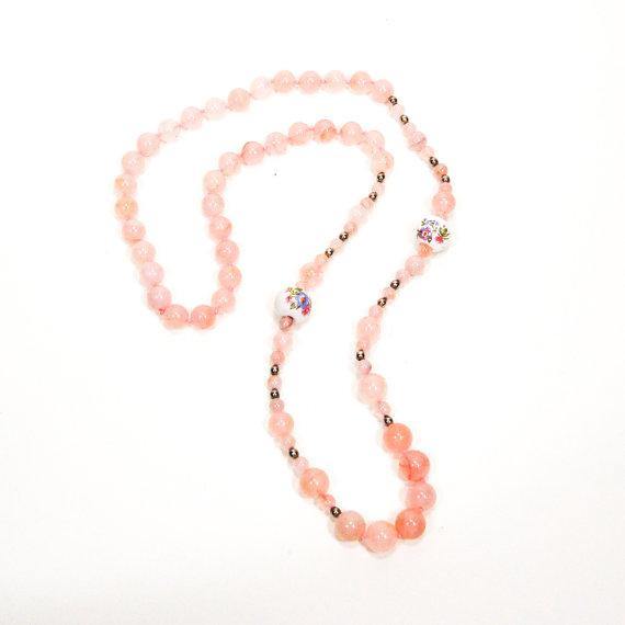 Rose Quartz and Porcelain Floral Bead Necklace by Vintage Meet Modern - Vintage Meet Modern Vintage Jewelry - Chicago, Illinois - #oldhollywoodglamour #vintagemeetmodern #designervintage #jewelrybox #antiquejewelry #vintagejewelry