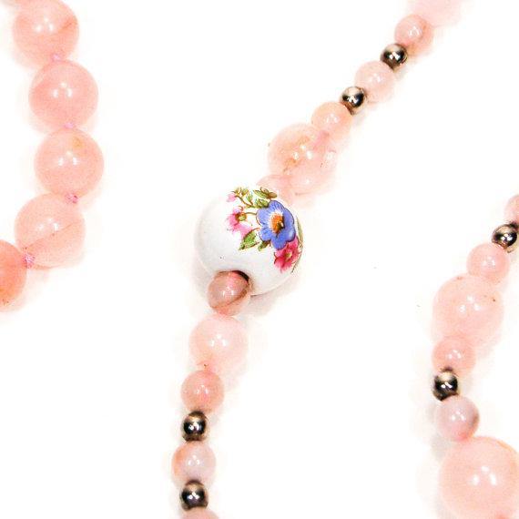Rose Quartz and Porcelain Floral Bead Necklace by Vintage Meet Modern - Vintage Meet Modern Vintage Jewelry - Chicago, Illinois - #oldhollywoodglamour #vintagemeetmodern #designervintage #jewelrybox #antiquejewelry #vintagejewelry