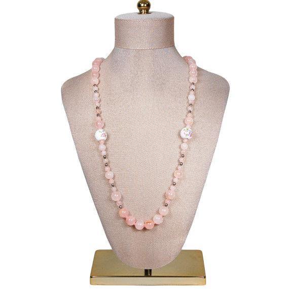 Rose Quartz and Porcelain Floral Bead Necklace by Vintage Meet Modern - Vintage Meet Modern Vintage Jewelry - Chicago, Illinois - #oldhollywoodglamour #vintagemeetmodern #designervintage #jewelrybox #antiquejewelry #vintagejewelry