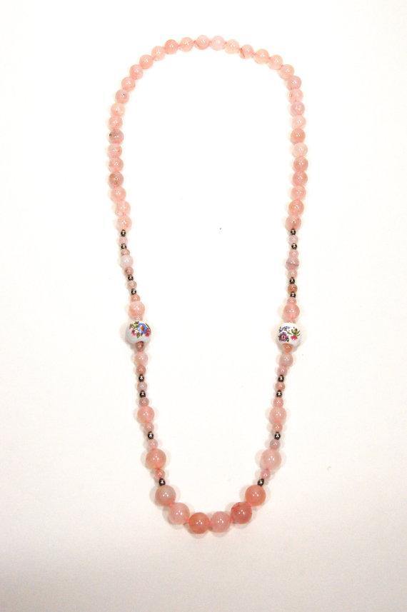 Rose Quartz and Porcelain Floral Bead Necklace by Vintage Meet Modern - Vintage Meet Modern Vintage Jewelry - Chicago, Illinois - #oldhollywoodglamour #vintagemeetmodern #designervintage #jewelrybox #antiquejewelry #vintagejewelry