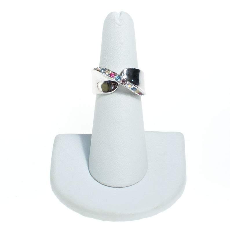 Vintage Silver Wide Band Ring With Pastel Cubic Zirconias by Vintage Meet Modern - Vintage Meet Modern Vintage Jewelry - Chicago, Illinois - #oldhollywoodglamour #vintagemeetmodern #designervintage #jewelrybox #antiquejewelry #vintagejewelry