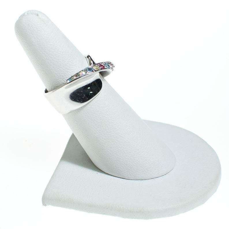 Vintage Silver Wide Band Ring With Pastel Cubic Zirconias by Vintage Meet Modern - Vintage Meet Modern Vintage Jewelry - Chicago, Illinois - #oldhollywoodglamour #vintagemeetmodern #designervintage #jewelrybox #antiquejewelry #vintagejewelry