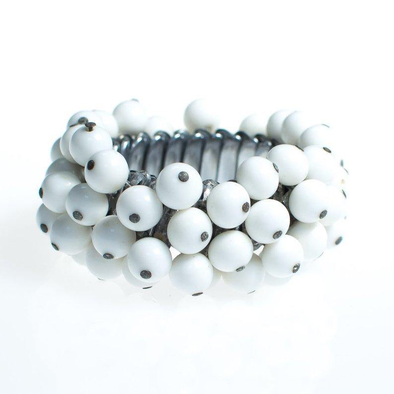 Vintage Mid Century Modern White Milk Glass Bead Expansion Bracelet