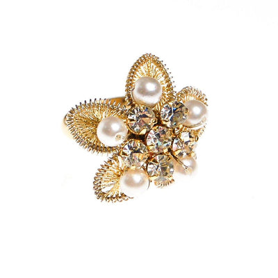 Gold Filigree, Rhinestones, and Pearl Flower Ring by 1960s - Vintage Meet Modern Vintage Jewelry - Chicago, Illinois - #oldhollywoodglamour #vintagemeetmodern #designervintage #jewelrybox #antiquejewelry #vintagejewelry