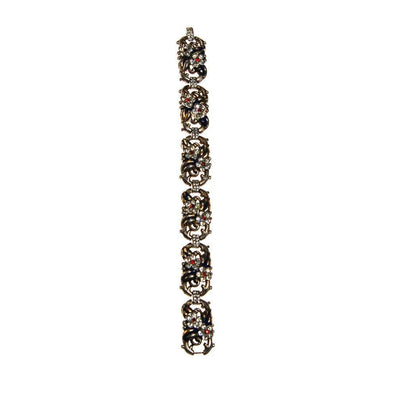 Rhinestone Flower Pot Metal Bracelet, 1940s, Blue, Red, Silver by Patent Pending - Vintage Meet Modern Vintage Jewelry - Chicago, Illinois - #oldhollywoodglamour #vintagemeetmodern #designervintage #jewelrybox #antiquejewelry #vintagejewelry