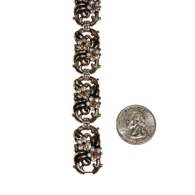 Rhinestone Flower Pot Metal Bracelet, 1940s, Blue, Red, Silver by Patent Pending - Vintage Meet Modern Vintage Jewelry - Chicago, Illinois - #oldhollywoodglamour #vintagemeetmodern #designervintage #jewelrybox #antiquejewelry #vintagejewelry