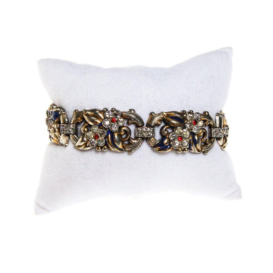 Rhinestone Flower Pot Metal Bracelet, 1940s, Blue, Red, Silver by Patent Pending - Vintage Meet Modern Vintage Jewelry - Chicago, Illinois - #oldhollywoodglamour #vintagemeetmodern #designervintage #jewelrybox #antiquejewelry #vintagejewelry