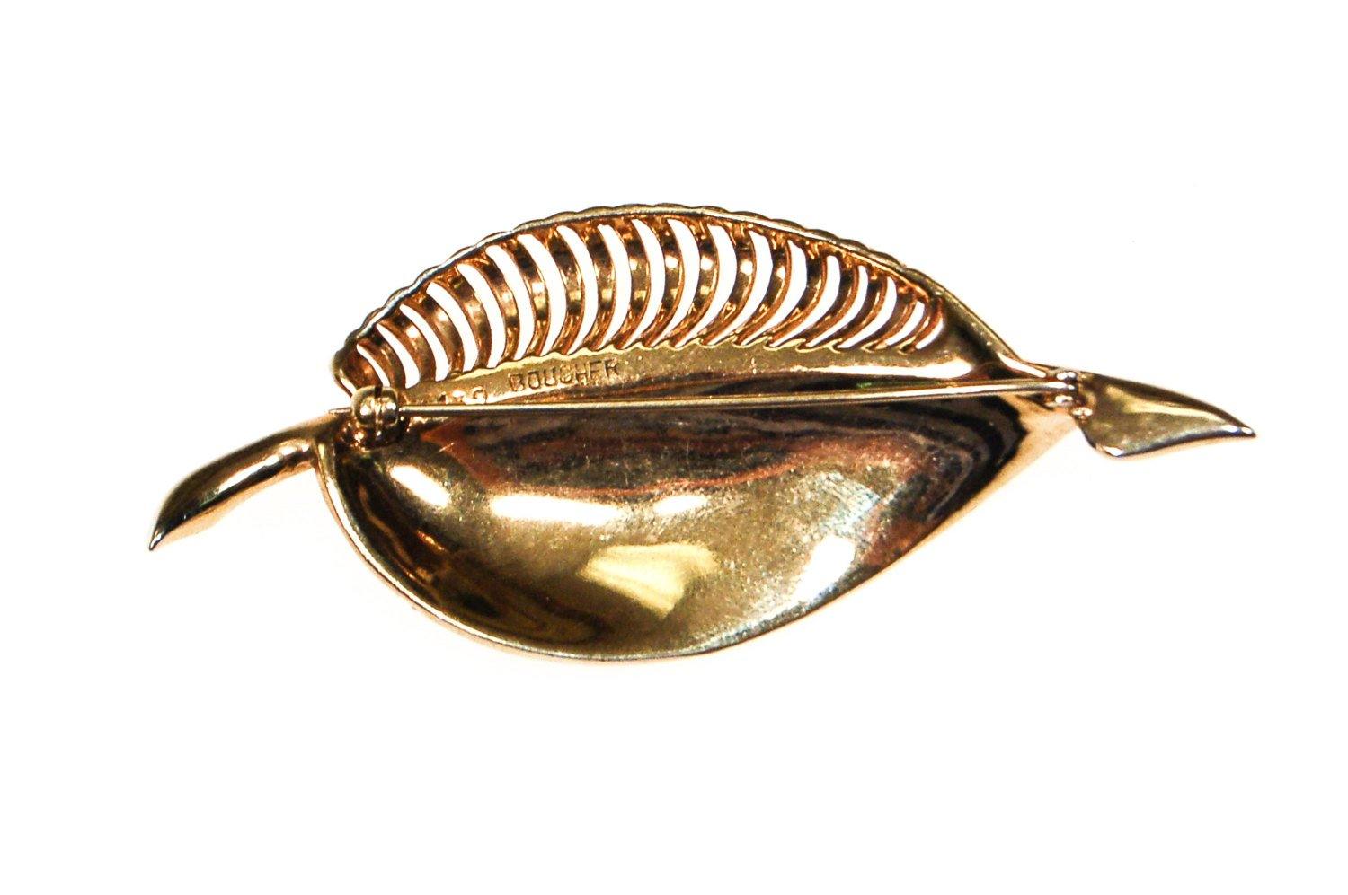 Boucher Leaf Brooch, Gold Tone, Leather, Signed, Numbered, by 1960s - Vintage Meet Modern Vintage Jewelry - Chicago, Illinois - #oldhollywoodglamour #vintagemeetmodern #designervintage #jewelrybox #antiquejewelry #vintagejewelry