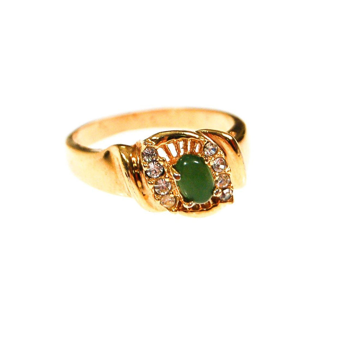 Faux Green Jade and CZ Statement Ring, Gold Tone, Designer Jewelry, Mid Century Modern 1950s, 1960s Era, Ring Size 8