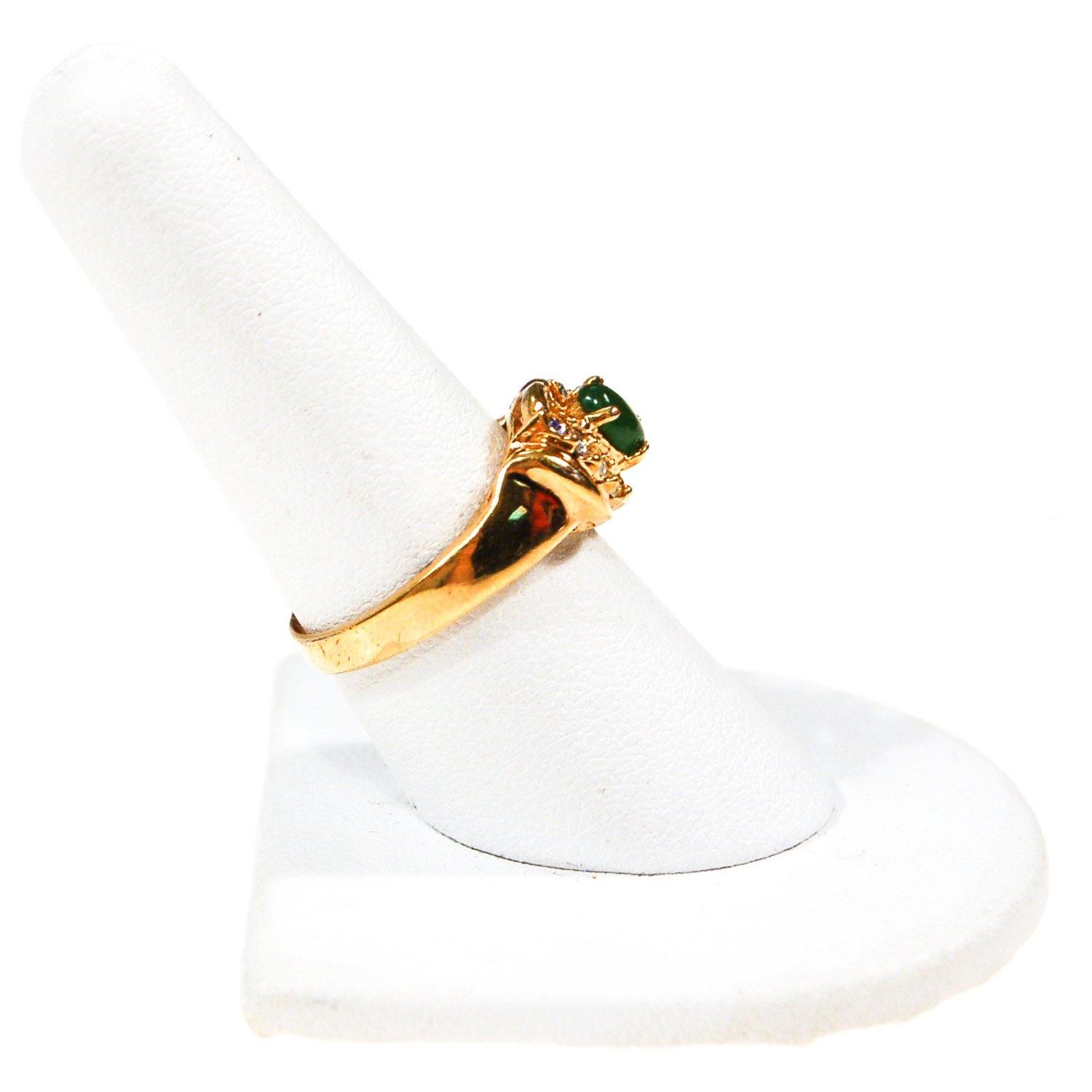 Faux Green Jade and CZ Statement Ring, Gold Tone, Designer Jewelry, Mid Century Modern 1950s, 1960s Era, Ring Size 8 by 1960s - Vintage Meet Modern Vintage Jewelry - Chicago, Illinois - #oldhollywoodglamour #vintagemeetmodern #designervintage #jewelrybox #antiquejewelry #vintagejewelry