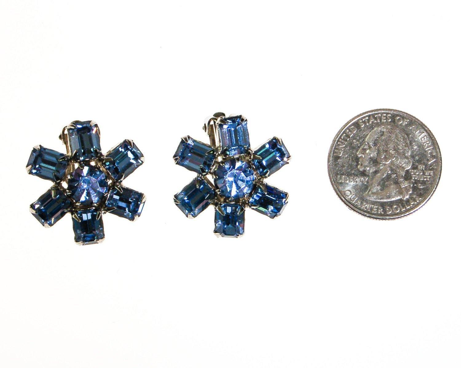 Weiss Blue Baguette Rhinestone Earrings, Rhinestone Flower Earrings, Blue Crystal Earrings, Something Blue. Silver Tone, Something Blue by Weiss - Vintage Meet Modern Vintage Jewelry - Chicago, Illinois - #oldhollywoodglamour #vintagemeetmodern #designervintage #jewelrybox #antiquejewelry #vintagejewelry