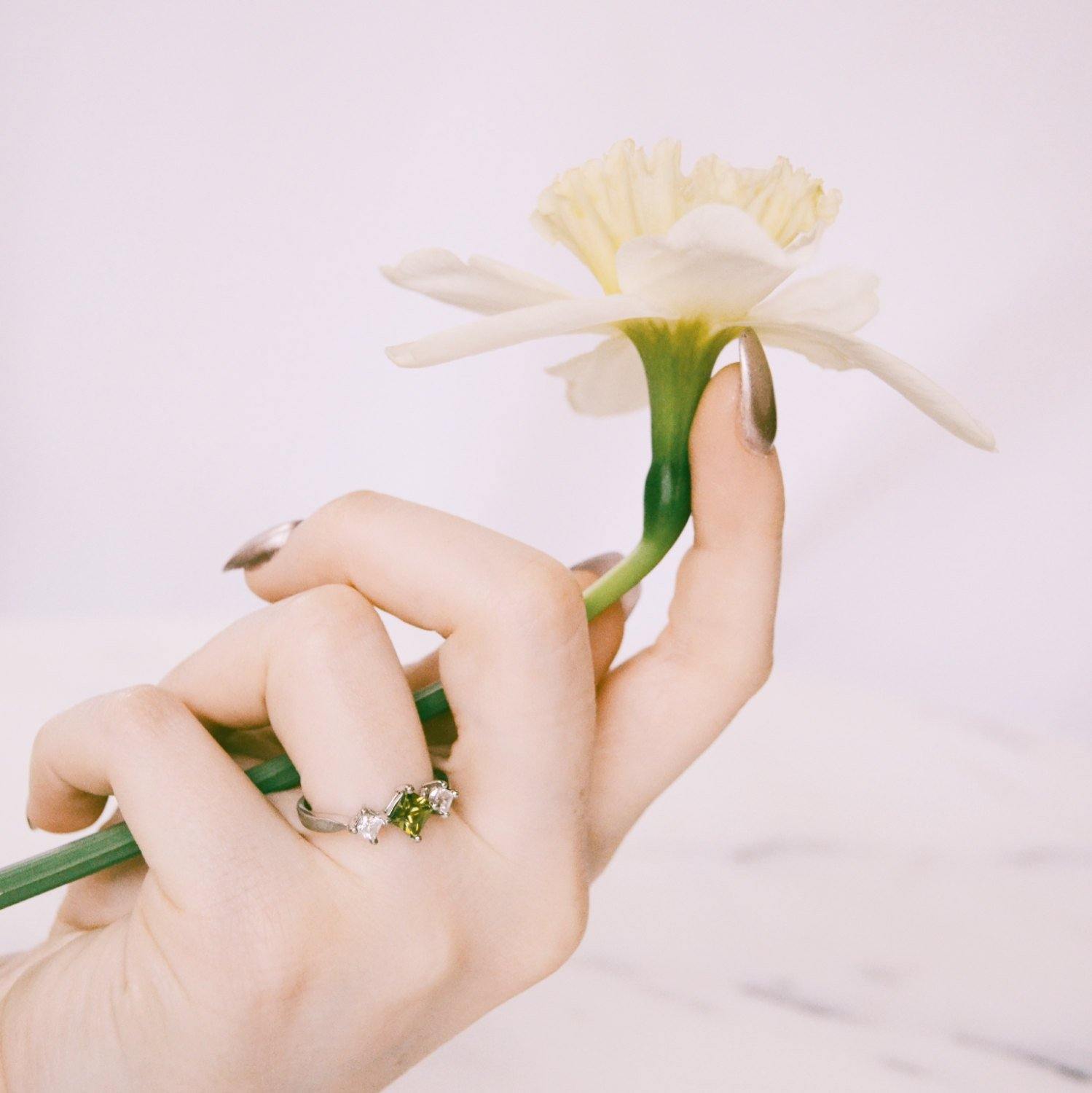 Green and Diamante CZ Ring, RS Covenant, Sterling Silver, Princess Cut Stones, Ring Size 8, Three Stone Ring by Sterling Silver - Vintage Meet Modern Vintage Jewelry - Chicago, Illinois - #oldhollywoodglamour #vintagemeetmodern #designervintage #jewelrybox #antiquejewelry #vintagejewelry