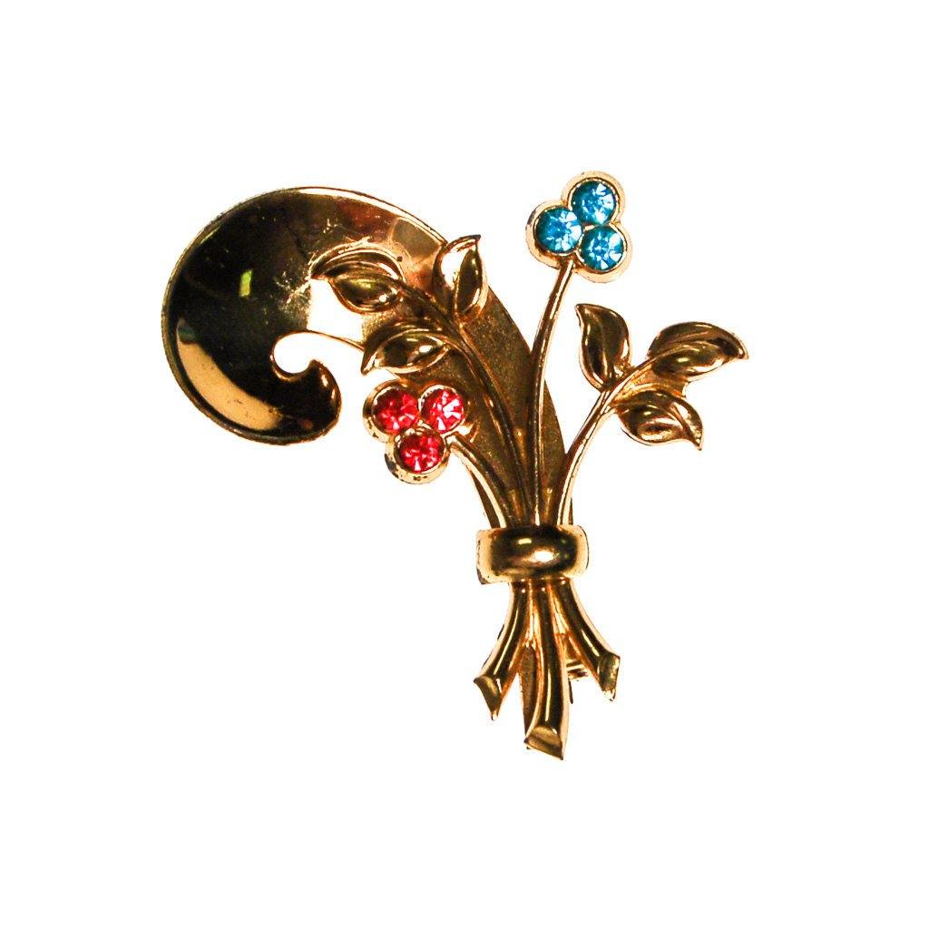 Coro Floral Spray Brooch, Gold Tone, Pastel Rhinestones, Pink, Blue, 1940s