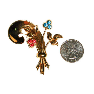 Coro Floral Spray Brooch, Gold Tone, Pastel Rhinestones, Pink, Blue, 1940s by Coro - Vintage Meet Modern Vintage Jewelry - Chicago, Illinois - #oldhollywoodglamour #vintagemeetmodern #designervintage #jewelrybox #antiquejewelry #vintagejewelry