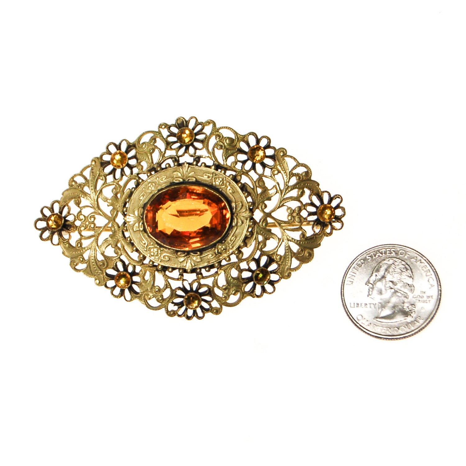 Filigree and Gold Citrine Crystal Victorian Sash Pin by Victorian - Vintage Meet Modern Vintage Jewelry - Chicago, Illinois - #oldhollywoodglamour #vintagemeetmodern #designervintage #jewelrybox #antiquejewelry #vintagejewelry