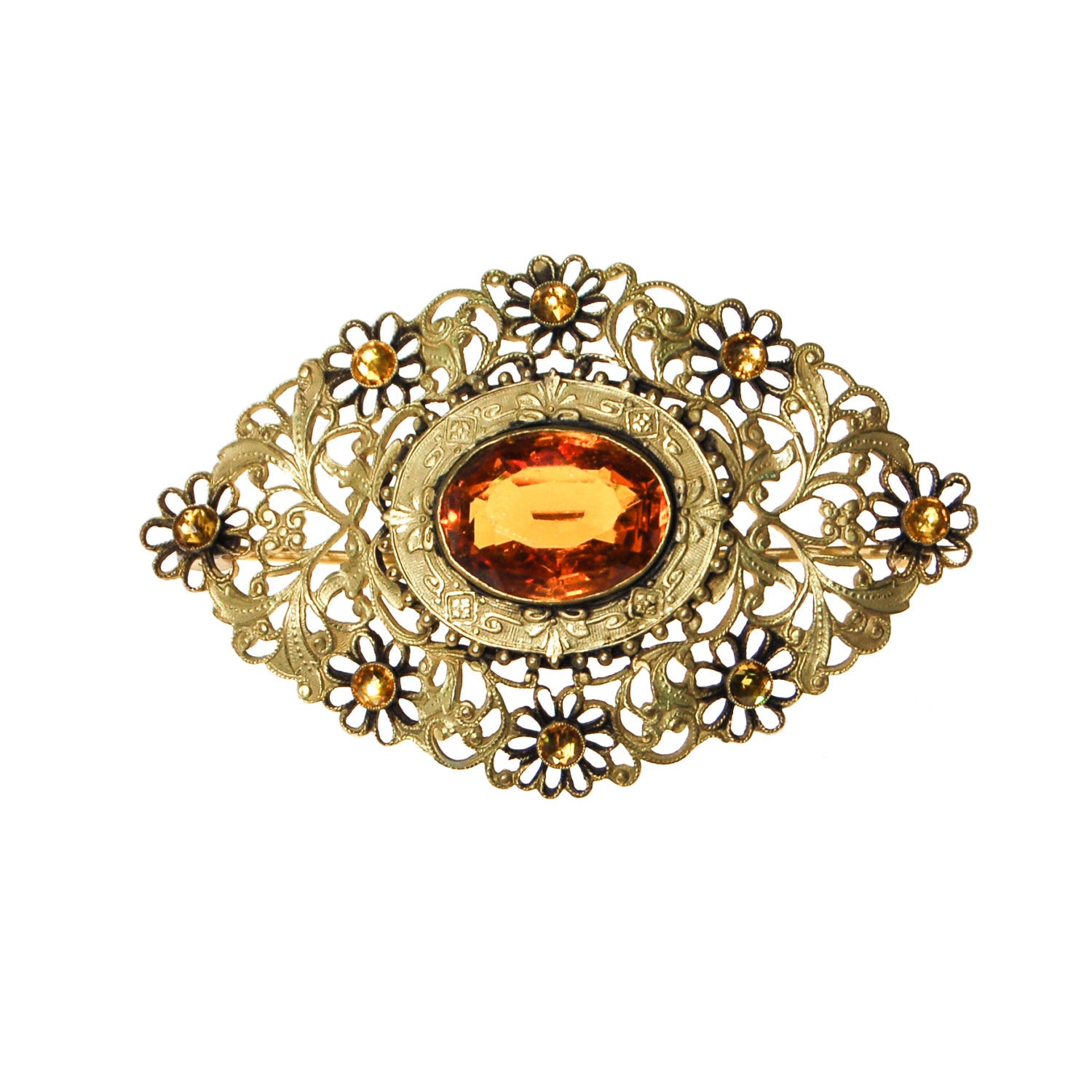 Filigree and Gold Citrine Crystal Victorian Sash Pin by Victorian - Vintage Meet Modern Vintage Jewelry - Chicago, Illinois - #oldhollywoodglamour #vintagemeetmodern #designervintage #jewelrybox #antiquejewelry #vintagejewelry