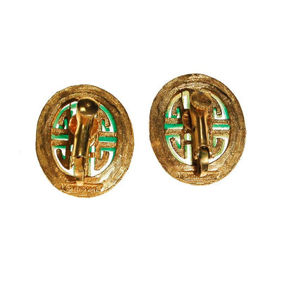 Vendome Asian Inspired Earrings, Clip On, Faux Jade, Gold Tone, Orientalism, 1960s, Clip On, Designer Vintage Jewelry by Vendome - Vintage Meet Modern Vintage Jewelry - Chicago, Illinois - #oldhollywoodglamour #vintagemeetmodern #designervintage #jewelrybox #antiquejewelry #vintagejewelry
