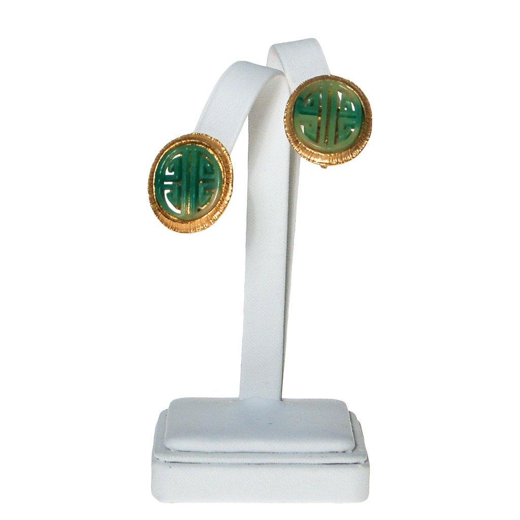 Vendome Asian Inspired Earrings, Clip On, Faux Jade, Gold Tone, Orientalism, 1960s, Clip On, Designer Vintage Jewelry by Vendome - Vintage Meet Modern Vintage Jewelry - Chicago, Illinois - #oldhollywoodglamour #vintagemeetmodern #designervintage #jewelrybox #antiquejewelry #vintagejewelry