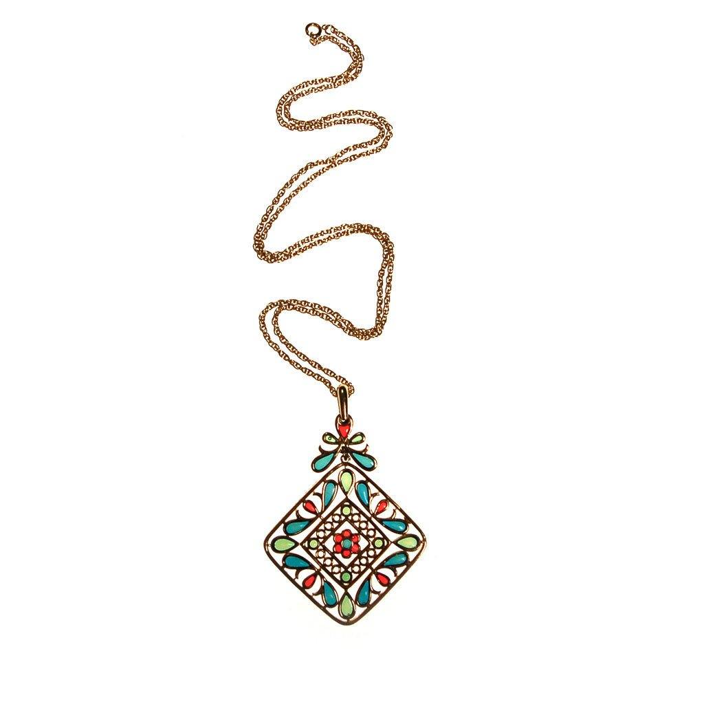 Plique a Jour Crown Trifari Pendant Necklace, Stained Glass, Emerald Green, Red, Blue, Collectible Designer Jewelry, 1960s by Crown Trifari - Vintage Meet Modern Vintage Jewelry - Chicago, Illinois - #oldhollywoodglamour #vintagemeetmodern #designervintage #jewelrybox #antiquejewelry #vintagejewelry