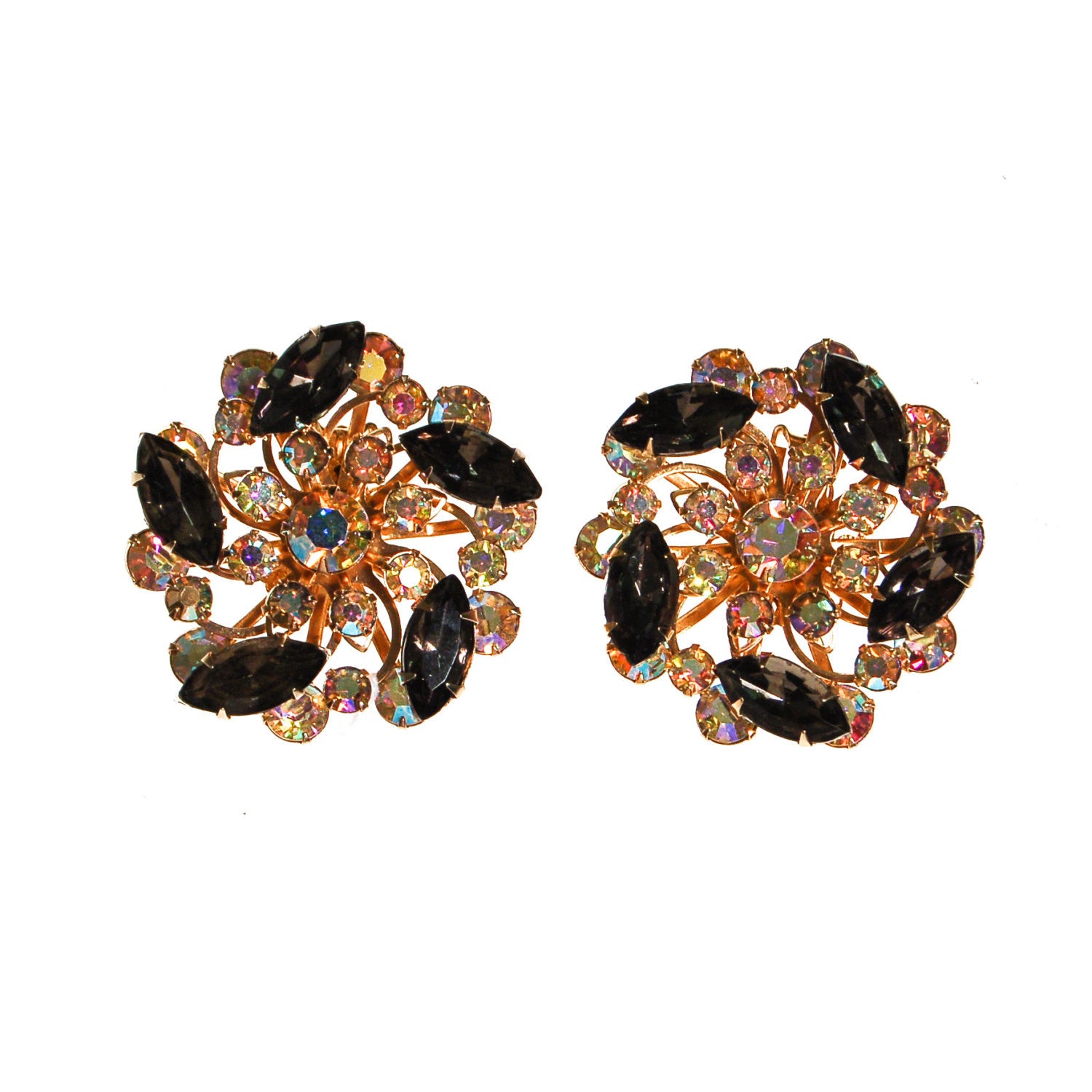 Black Diamond and Aurora Borealis Rhinestone Statement Earrings by Unsigned Beauty - Vintage Meet Modern Vintage Jewelry - Chicago, Illinois - #oldhollywoodglamour #vintagemeetmodern #designervintage #jewelrybox #antiquejewelry #vintagejewelry