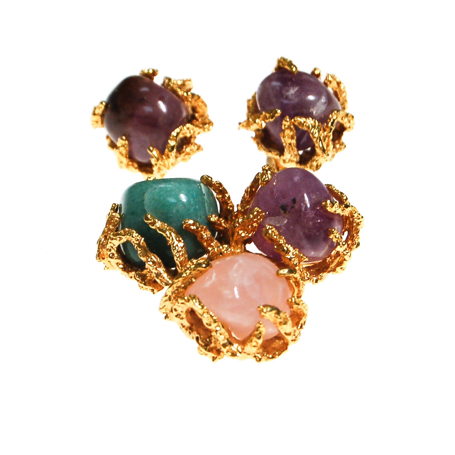 Vogue Jewelry Green,Purple Jade and Rose Quartz Brooch and Earrings Set by Vogue Jewelry - Vintage Meet Modern Vintage Jewelry - Chicago, Illinois - #oldhollywoodglamour #vintagemeetmodern #designervintage #jewelrybox #antiquejewelry #vintagejewelry