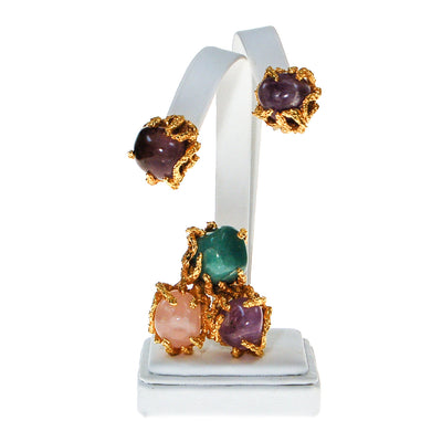 Vogue Jewelry Green,Purple Jade and Rose Quartz Brooch and Earrings Set by Vogue Jewelry - Vintage Meet Modern Vintage Jewelry - Chicago, Illinois - #oldhollywoodglamour #vintagemeetmodern #designervintage #jewelrybox #antiquejewelry #vintagejewelry