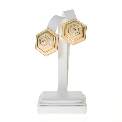 Erwin Pearl White and Gold Earrings, Hexagon, Clip On, 1980s, Designer Vintage Jewelry by Erwin Pearl - Vintage Meet Modern Vintage Jewelry - Chicago, Illinois - #oldhollywoodglamour #vintagemeetmodern #designervintage #jewelrybox #antiquejewelry #vintagejewelry