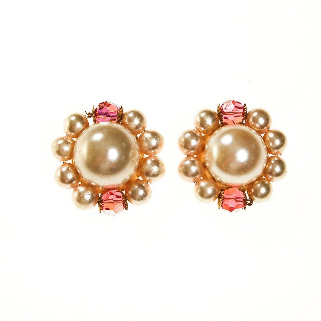 Les Bernard Pearl and Pink Crystal Statement Earrings