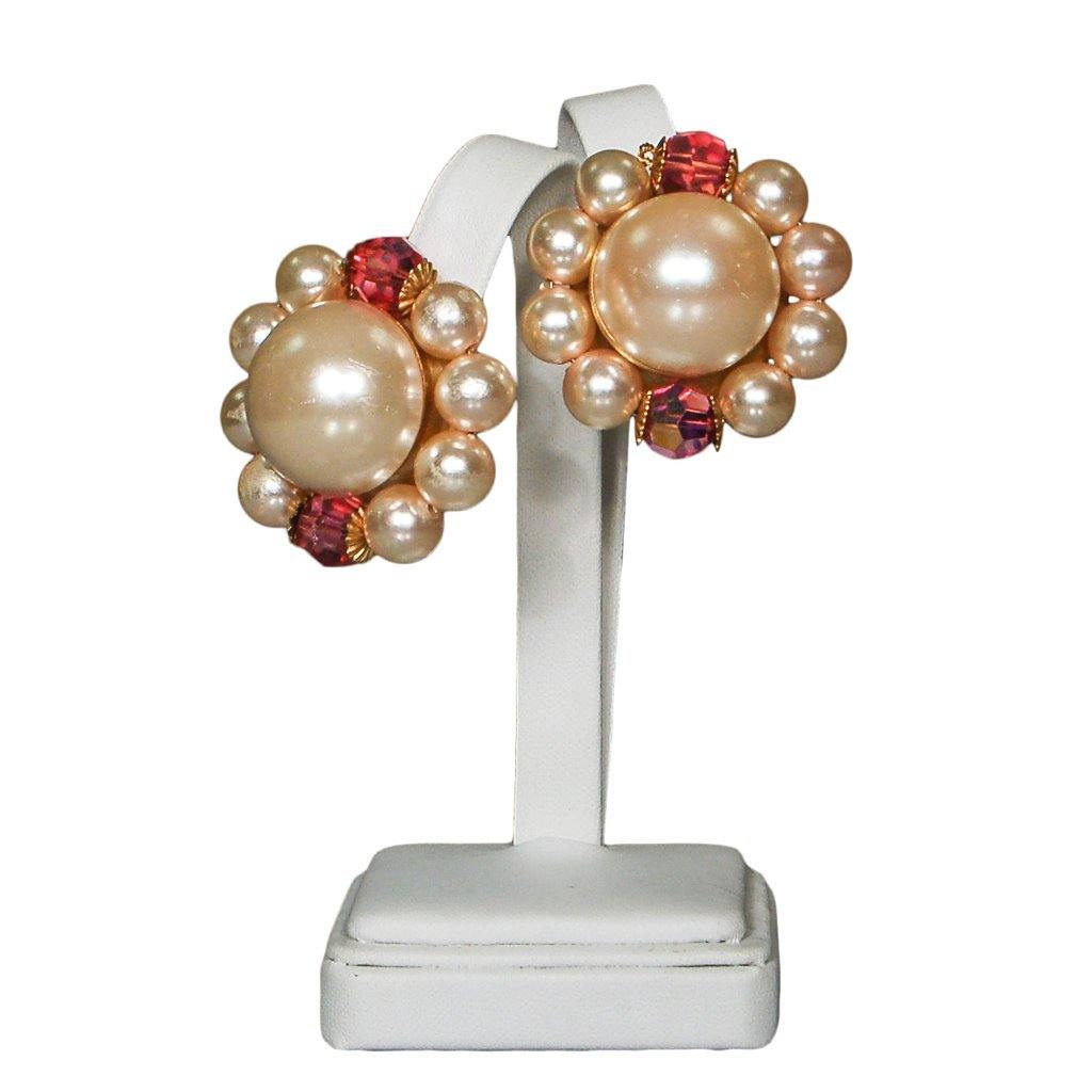 Les Bernard Pearl and Pink Crystal Statement Earrings by Les Bernard - Vintage Meet Modern Vintage Jewelry - Chicago, Illinois - #oldhollywoodglamour #vintagemeetmodern #designervintage #jewelrybox #antiquejewelry #vintagejewelry