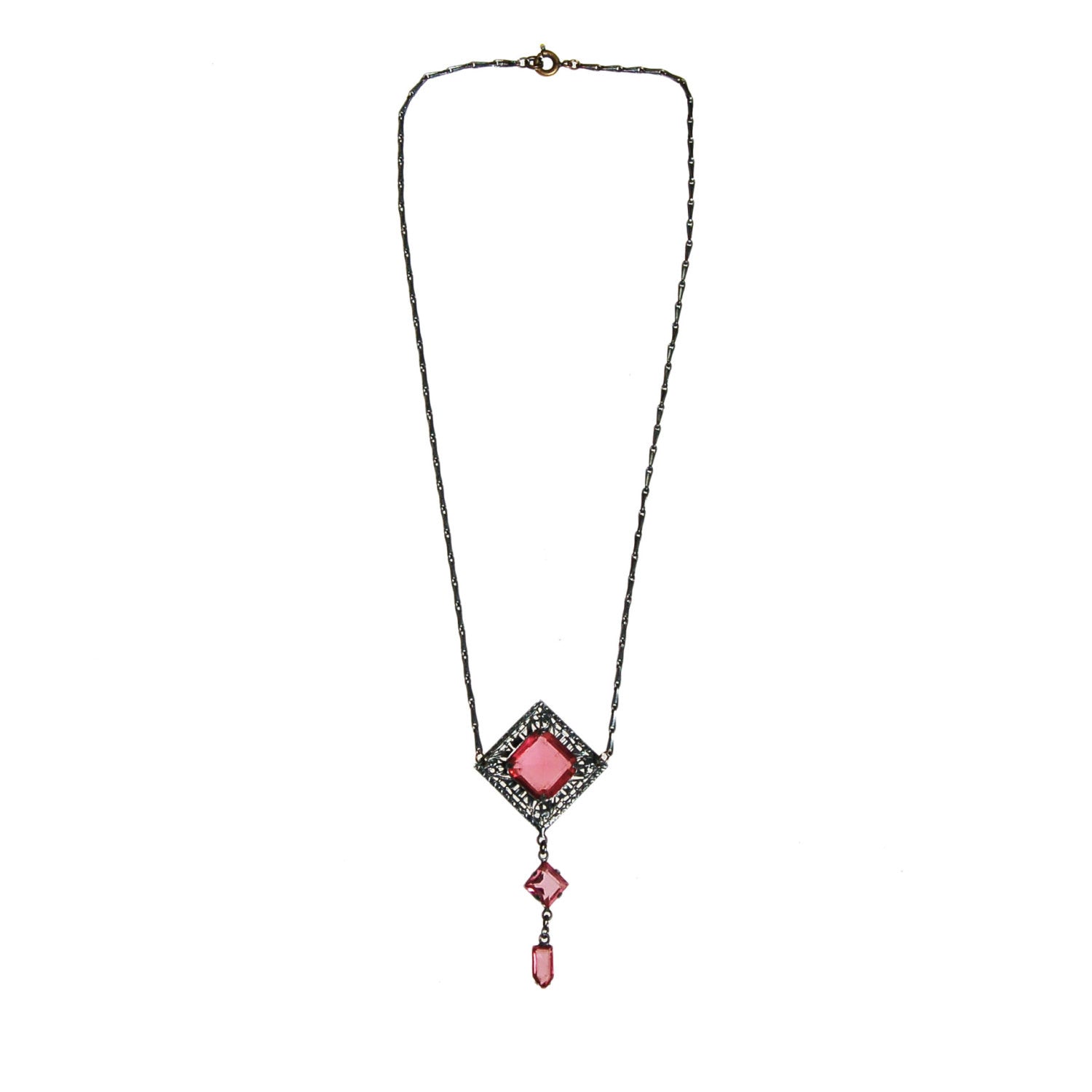 Art Deco Filigree and Pink Crystal Necklace by Art Deco - Vintage Meet Modern Vintage Jewelry - Chicago, Illinois - #oldhollywoodglamour #vintagemeetmodern #designervintage #jewelrybox #antiquejewelry #vintagejewelry