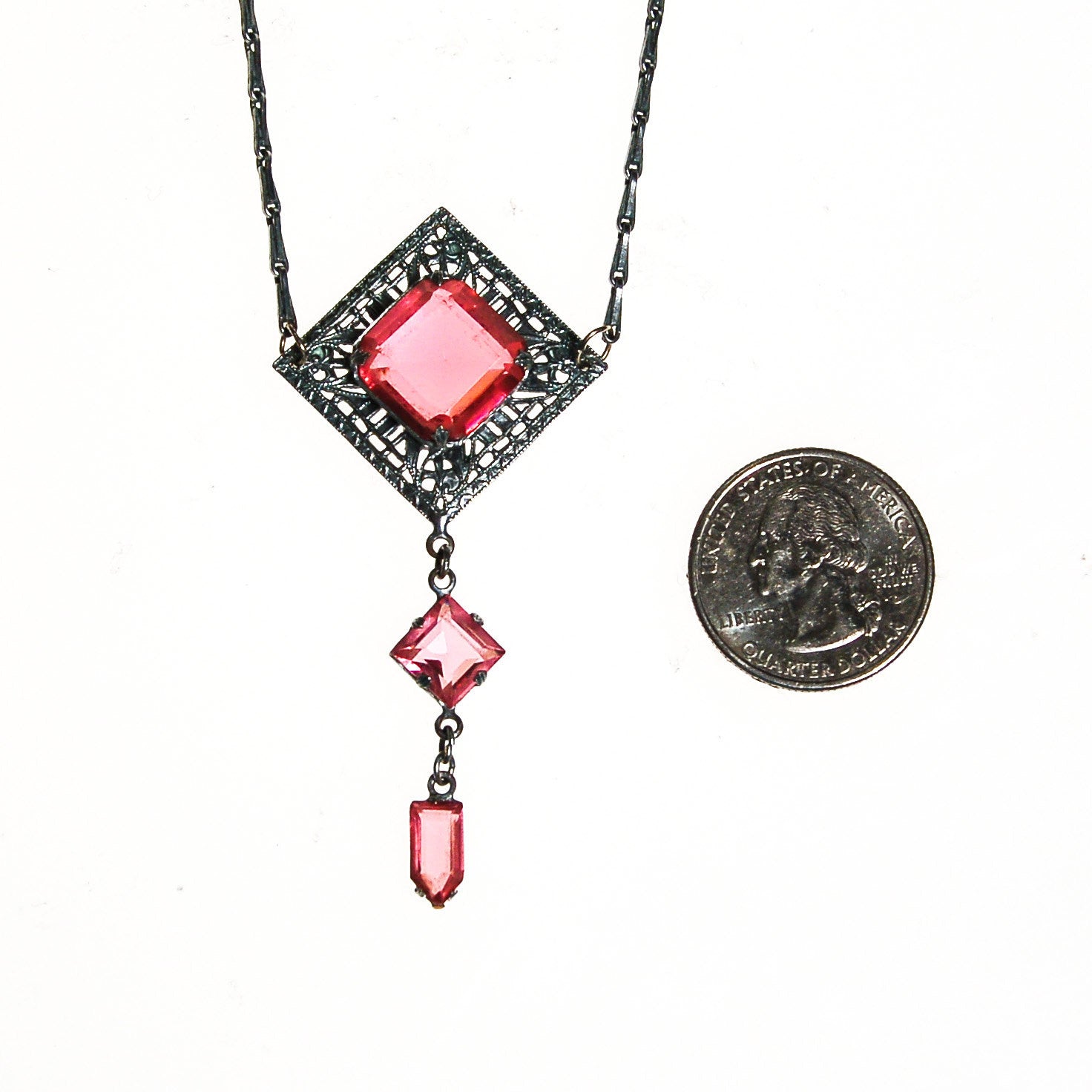 Art Deco Filigree and Pink Crystal Necklace by Art Deco - Vintage Meet Modern Vintage Jewelry - Chicago, Illinois - #oldhollywoodglamour #vintagemeetmodern #designervintage #jewelrybox #antiquejewelry #vintagejewelry