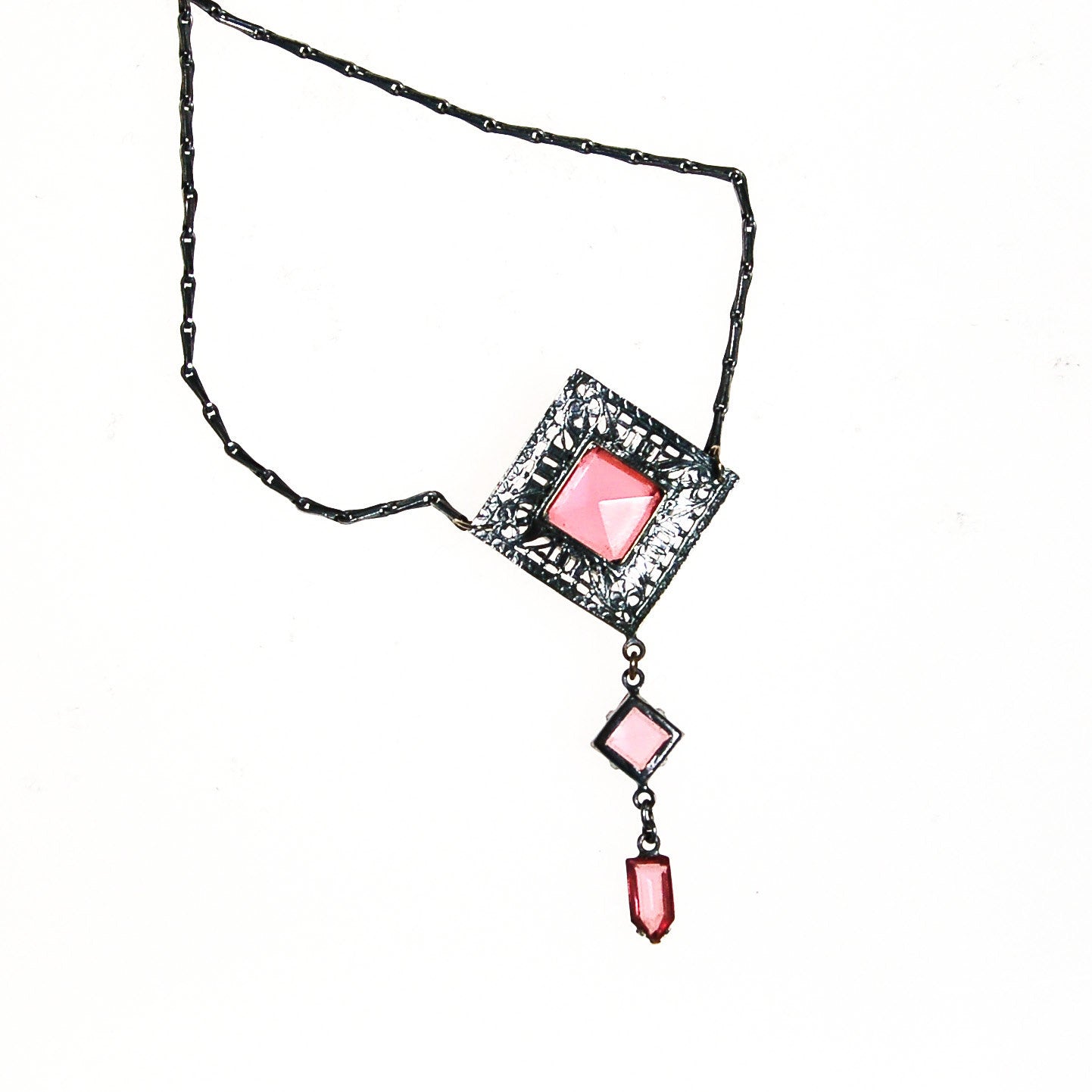 Art Deco Filigree and Pink Crystal Necklace by Art Deco - Vintage Meet Modern Vintage Jewelry - Chicago, Illinois - #oldhollywoodglamour #vintagemeetmodern #designervintage #jewelrybox #antiquejewelry #vintagejewelry