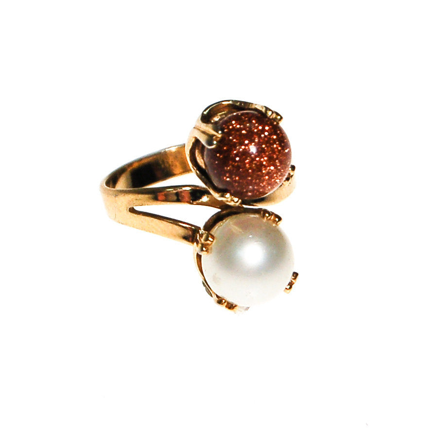 Gold Stone and Pearl Bypass Style Statement Ring, by Unsigned Beauty - Vintage Meet Modern Vintage Jewelry - Chicago, Illinois - #oldhollywoodglamour #vintagemeetmodern #designervintage #jewelrybox #antiquejewelry #vintagejewelry