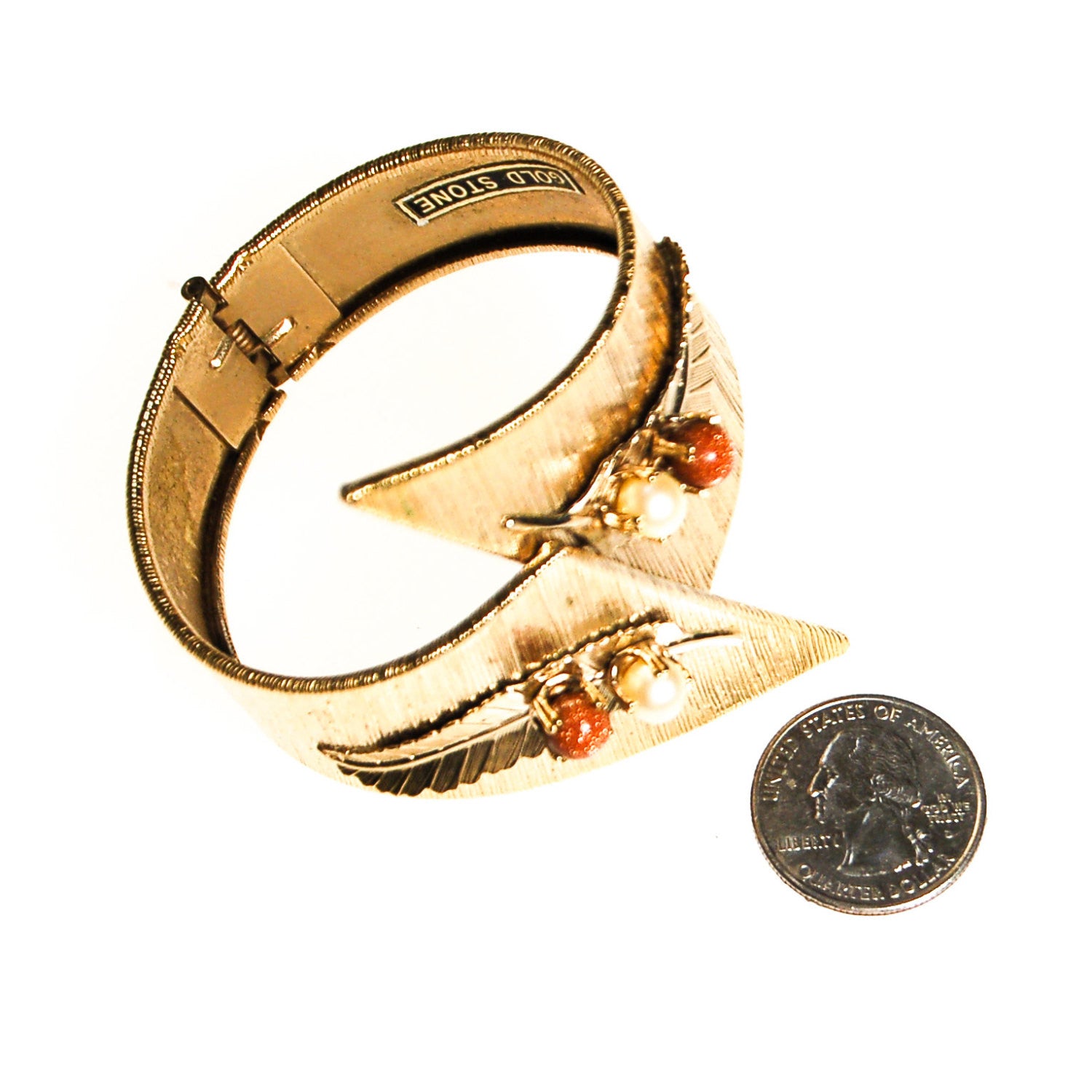 Mid Century Modern Statement Clamper Bracelet with Gold Stone and Pearl Beads by Unsigned Beauty - Vintage Meet Modern Vintage Jewelry - Chicago, Illinois - #oldhollywoodglamour #vintagemeetmodern #designervintage #jewelrybox #antiquejewelry #vintagejewelry