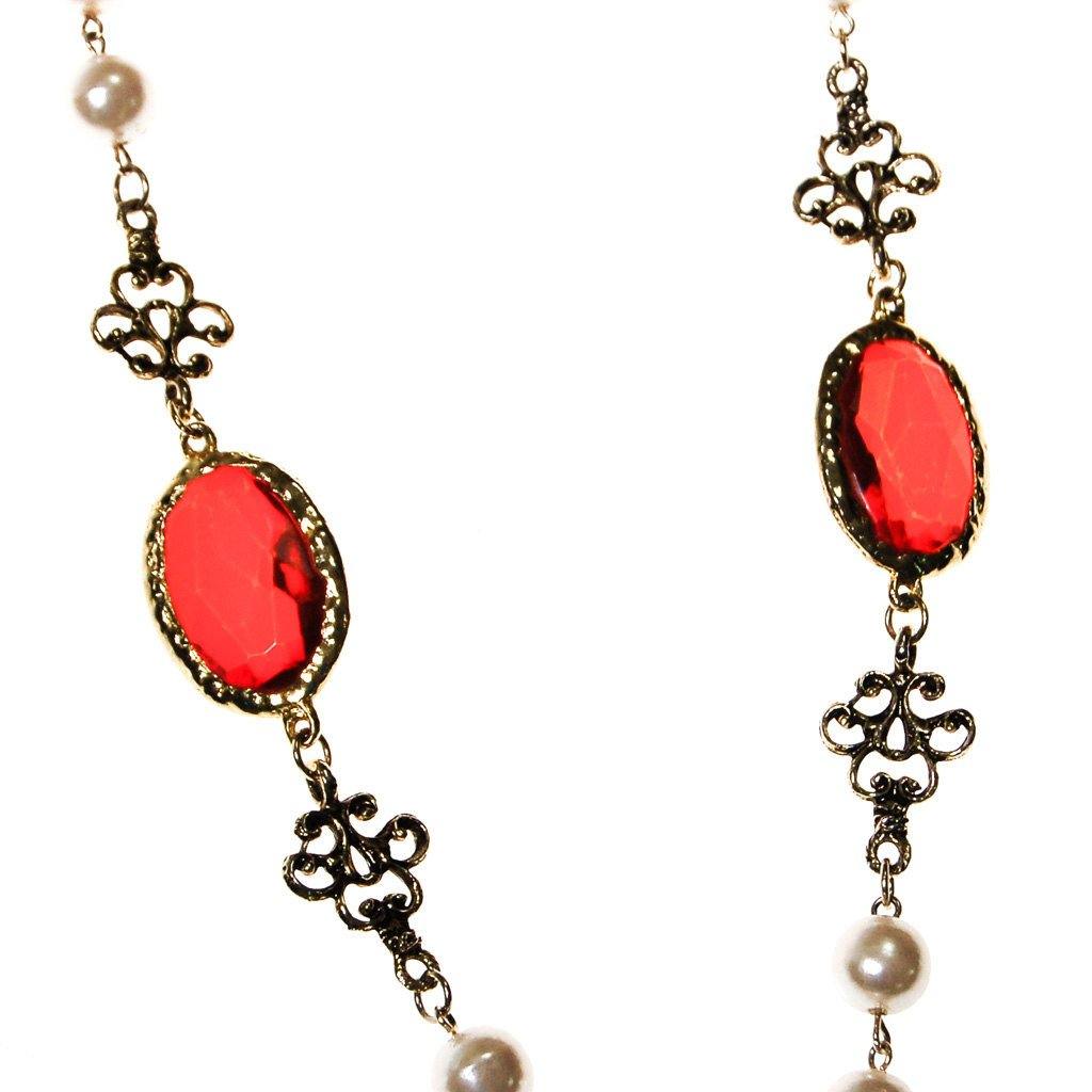 Pearl and Red Bezel Set Crystal Necklace by Unsigned Beauty - Vintage Meet Modern Vintage Jewelry - Chicago, Illinois - #oldhollywoodglamour #vintagemeetmodern #designervintage #jewelrybox #antiquejewelry #vintagejewelry