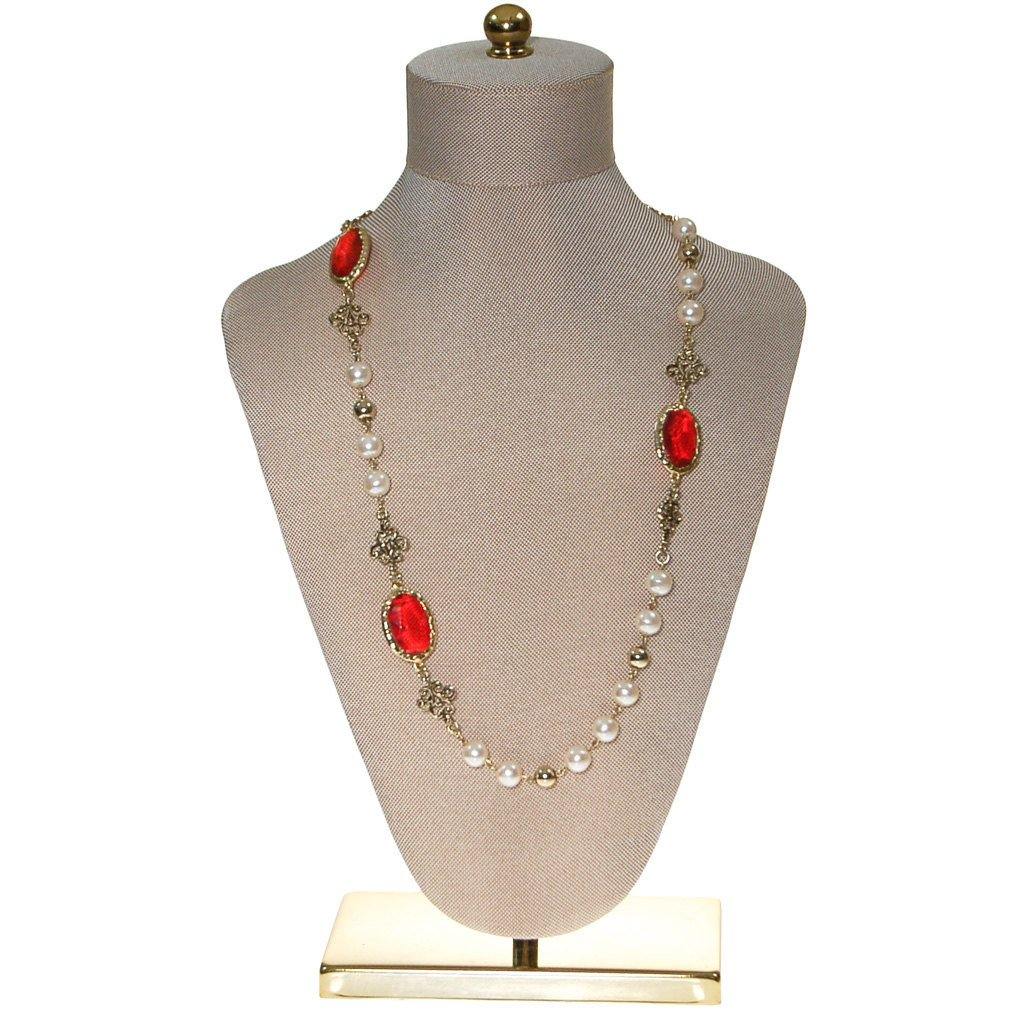 Pearl and Red Bezel Set Crystal Necklace by Unsigned Beauty - Vintage Meet Modern Vintage Jewelry - Chicago, Illinois - #oldhollywoodglamour #vintagemeetmodern #designervintage #jewelrybox #antiquejewelry #vintagejewelry