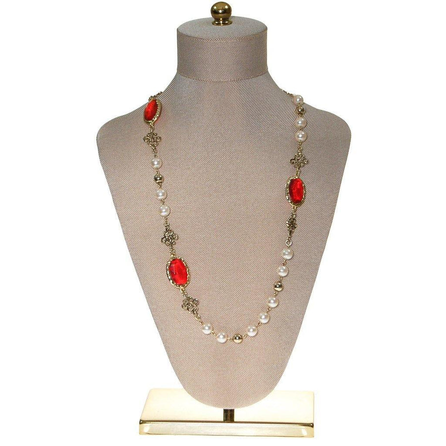 Pearl and Red Bezel Set Crystal Necklace by Unsigned Beauty - Vintage Meet Modern Vintage Jewelry - Chicago, Illinois - #oldhollywoodglamour #vintagemeetmodern #designervintage #jewelrybox #antiquejewelry #vintagejewelry