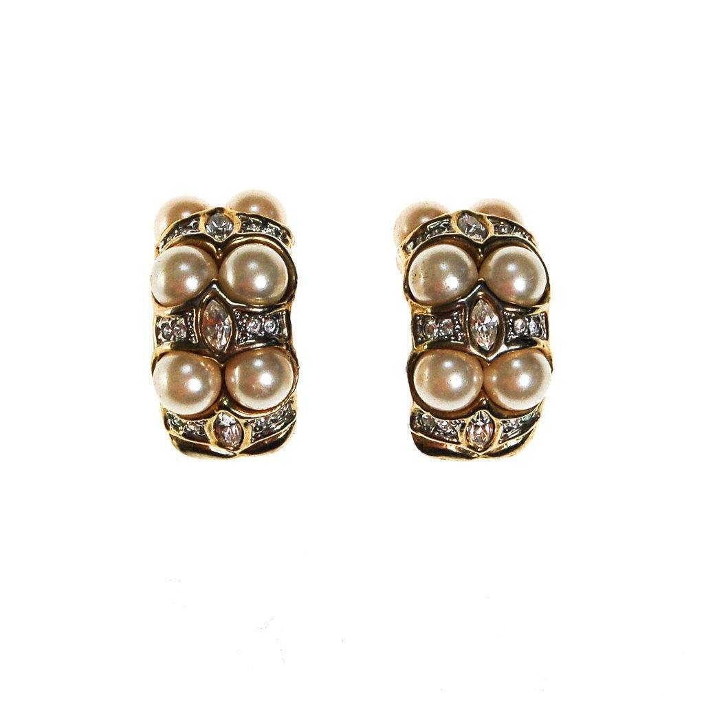 Pearl and Rhinestone Clip On Earrings, Gold Tone, Designer Vintage Jewelry, Wedding, Bridal, Traditional, Classic Style by 1980s - Vintage Meet Modern Vintage Jewelry - Chicago, Illinois - #oldhollywoodglamour #vintagemeetmodern #designervintage #jewelrybox #antiquejewelry #vintagejewelry